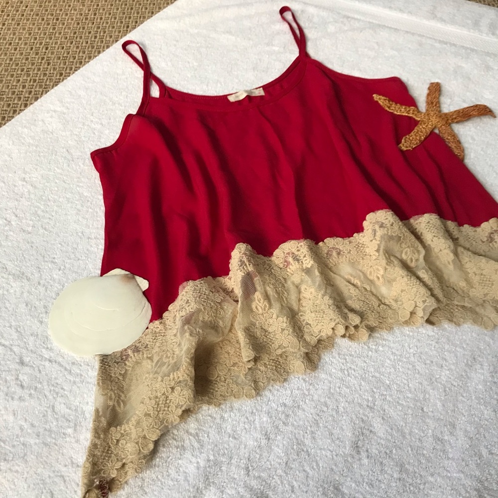 Red and Cream Lace Trim Tank Top
